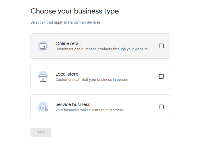 Choose your business type and click on the next