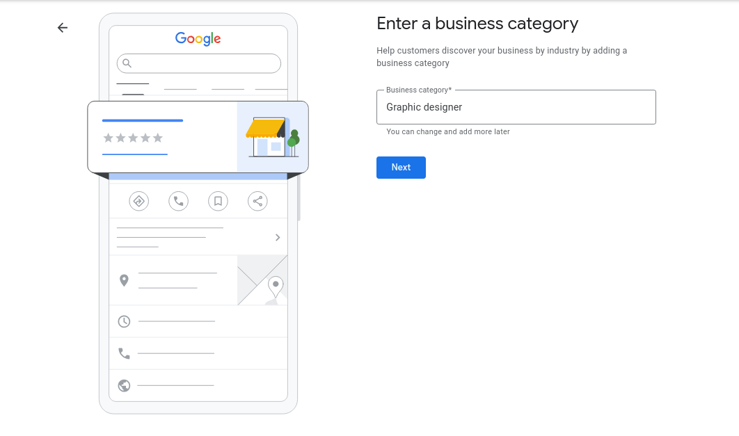  Choose a google business category and click next