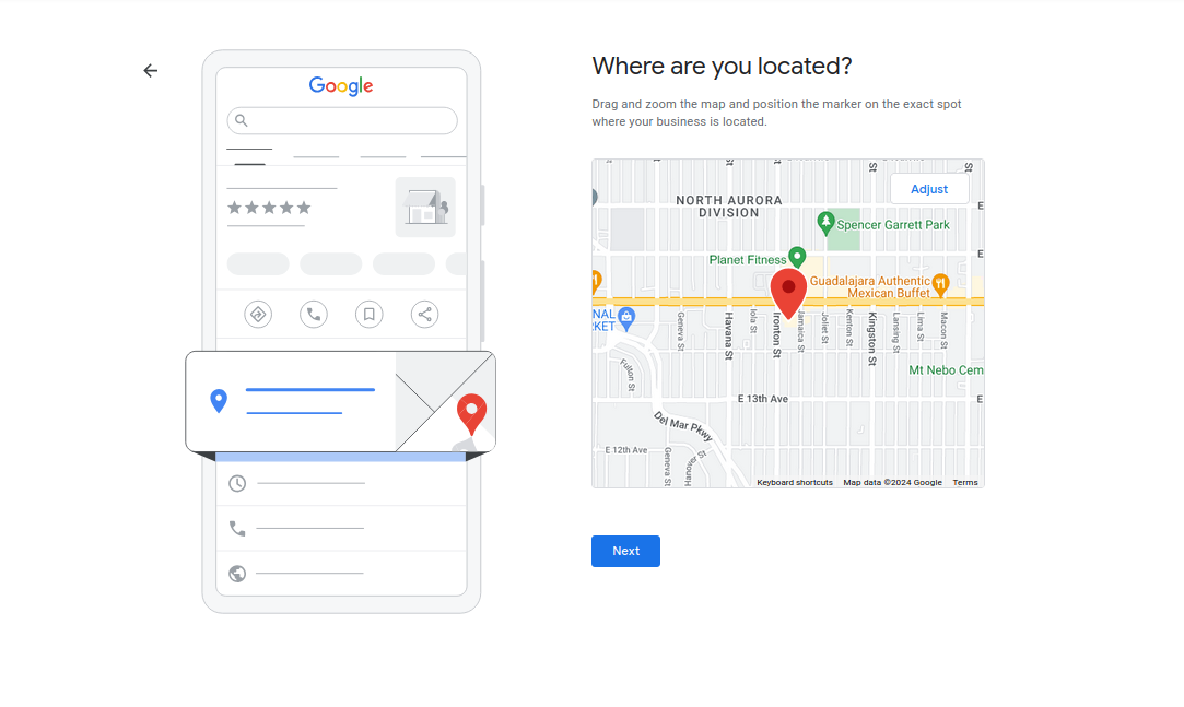 Pinpoint Your Business Location on Google Maps and Click Next